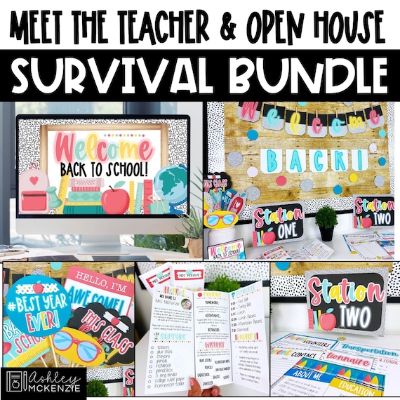 Back to School Open House Bundle Meet the Teacher Night Slides Classroom Brochure Back to School Forms Gift Tags Supply Donation Display