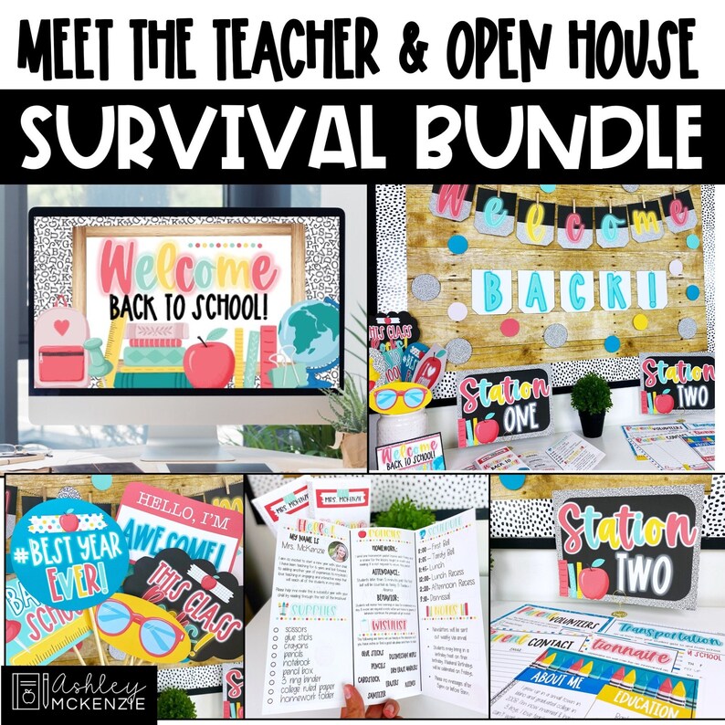 May include: A colorful back to school themed classroom decor bundle with a welcome sign, a teacher meet and greet station, and a welcome back to school banner. The bundle includes a variety of classroom decor items, such as a welcome sign, a teacher meet and greet station, and a welcome back to school banner.