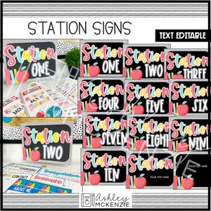 May include: Ten black and white printable signs with a glittery background. Each sign has a red apple, colorful text, and the words "Station One" through "Station Ten". The text "Text Editable" is at the top of the image.