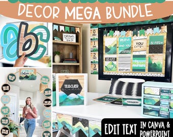 May include: A digital classroom decor bundle titled Scandi Mountains Decor Mega Bundle featuring over 2,000 editable pages. Includes mountain-themed posters, binder covers, alphabet cutouts, and organizational labels with green, blue, and wood textures.