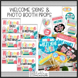 May include: A set of colorful welcome signs and photo booth props for a school event. The signs feature different grade levels, including preschool, first grade, second grade, third grade, and fourth grade. The photo booth props include a variety of fun and festive items, such as glasses, a ruler, and a sign that says "#Best Year Ever!"