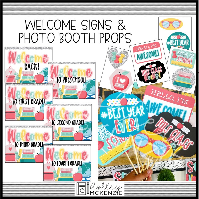 May include: A set of colorful welcome signs and photo booth props for a school event. The signs feature different grade levels, including preschool, first grade, second grade, third grade, and fourth grade. The photo booth props include a variety of fun and festive items, such as glasses, a ruler, and a sign that says "#Best Year Ever!"