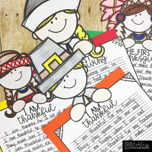 May include: Black and white printable Thanksgiving activity for kids. The printable features a pilgrim and an indigenous person holding a sheet of paper with the text "I am thankful" and a space to write. The printable also includes a sheet of paper with the text "The First Thanksgiving" and a space to write.