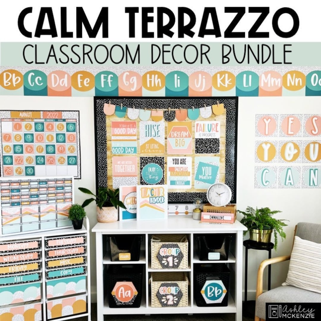 Calm Terrazzo Classroom Decor Bundle, Editable Calm Colors Decor, Easy