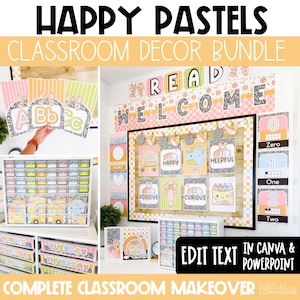 Puede incluir: Un paquete de decoración de aula con una paleta de colores pastel. La imagen presenta varios elementos, incluyendo tarjetas del alfabeto, una pancarta "READ WELCOME", tarjetas numéricas y carteles motivacionales. El texto "HAPPY PASTELS" y "CLASSROOM DECOR BUNDLE" se muestra en la parte superior.