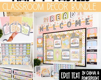 May include: A classroom decor bundle with a pastel color scheme. The image features various elements, including alphabet cards, a "READ WELCOME" banner, number cards, and motivational posters. The text "HAPPY PASTELS" and "CLASSROOM DECOR BUNDLE" are displayed at the top.