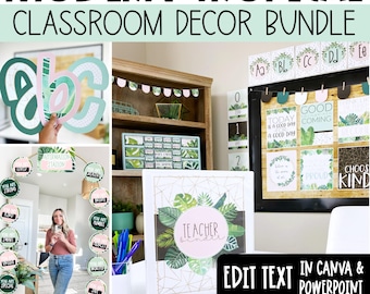 May include: A modern tropical classroom decor bundle featuring over 2,000 editable pages. The set includes alphabet letters, a teacher binder cover with tropical leaves, affirmation station circles, and classroom posters with text like Good Coming.
