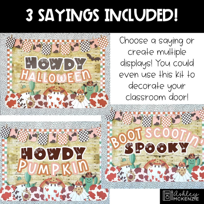 May include: Three printable signs with a western Halloween theme. The signs feature a woodgrain background with a cow print border. The text on the signs reads "Howdy Halloween", "Howdy Pumpkin", and "Boot Scootin Spooky".