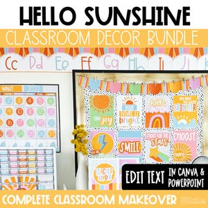 Può includere: Un set di decorazioni per l'aula con calendario, bordo alfabetico e poster motivazionali con testo tra cui HELLO SUNSHINE, FIND JOY, YOUR FUTURE IS BRIGHT, YOU MAKE THE WORLD BRIGHTER, SMILE, SHOOT FOR THE STARS e CHOOSE HAPPY.