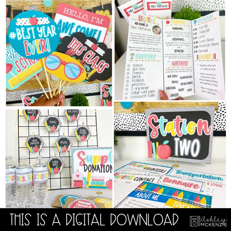 May include: A set of printable classroom decor for teachers. The set includes signs with the text "Hello, I'm Awesome!" and "This Class is Awesome!" as well as a sign that says "Best Year Ever!" with a red apple graphic. There are also signs with the text "Station Two" and "Supply Donation".
