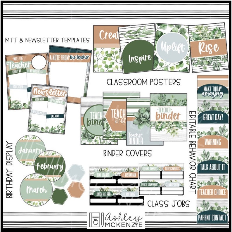Modern Greenery Themed Classroom Decor Bundle Editable Calm Etsy
