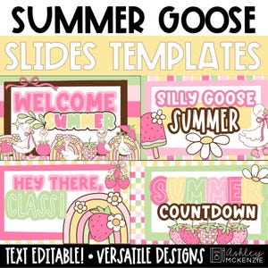 Puede incluir: Un diseño de plantilla digital colorido con las palabras "SUMMER GOOSE SLIDES TEMPLATES" en la parte superior. El diseño incluye gráficos con temas de verano, como fresas, arcoíris y gansos. También se incluye el texto "TEXT EDITABLE! VERSATILE DESIGNS".