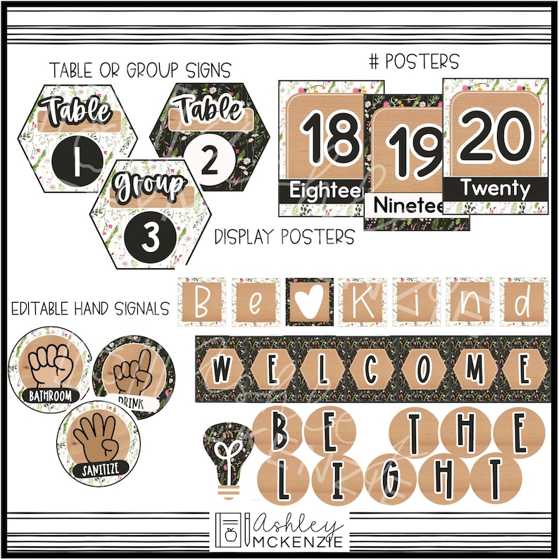 May include: A classroom decor set featuring floral patterns on black backgrounds with wood-grain accents. Includes hexagonal table and group signs, number posters 18-20, editable hand signal circles, and letter banners spelling Be Kind, Welcome, and Be The Light.