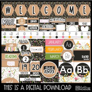 May include: A digital classroom decor set featuring a floral and black theme with labels for schedules, noise levels, months, and alphabet cards. Includes text such as WELCOME, NOISE levels, LIBRARY, BATHROOM, NEWSLETTER, MEET THE TEACHER, and student names.