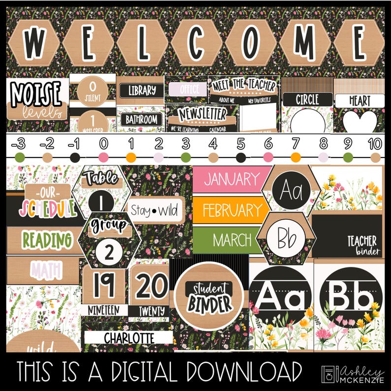 May include: A digital classroom decor set featuring a floral and black theme with labels for schedules, noise levels, months, and alphabet cards. Includes text such as WELCOME, NOISE levels, LIBRARY, BATHROOM, NEWSLETTER, MEET THE TEACHER, and student names.