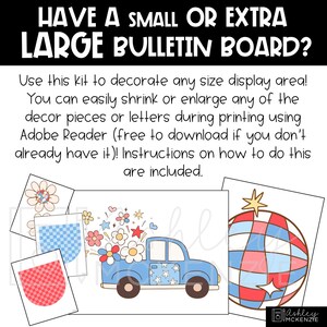 Op de afbeelding: Een prikbordkit met de tekst "HAVE A SMALL OR EXTRA LARGE BULLETIN BOARD?". De kit bevat bedrukbare decoratiestukken met een blauwe truck, bloemen en een discobalontwerp. Instructies zijn inbegrepen.