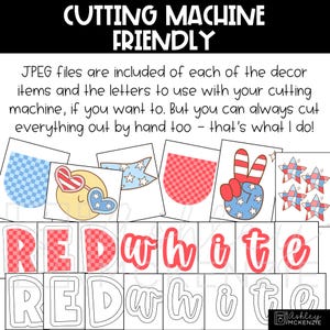 Op de afbeelding: Digitale snijbestanden met een patriottisch thema. De afbeelding toont verschillende ontwerpen, waaronder sterren, harten en de woorden "RED white" in een speels lettertype. De tekst "CUTTING MACHINE FRIENDLY" staat bovenaan.