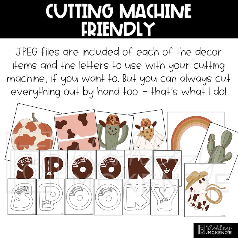 May include: A set of printable cut files for a spooky Halloween banner. The banner says "SPOOKY" in brown letters with spiderwebs. The letters are outlined in black. There are also images of a pumpkin, cactus, cowboy hat, and rainbow.