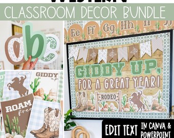 Puede incluir: Un paquete de decoración de aula con temática del Oeste, con el texto "Western Classroom Decor Bundle". La imagen incluye un tablón de anuncios con el texto "Giddy Up For A Great Year!" e ilustraciones de botas de vaquero y un letrero de rodeo.