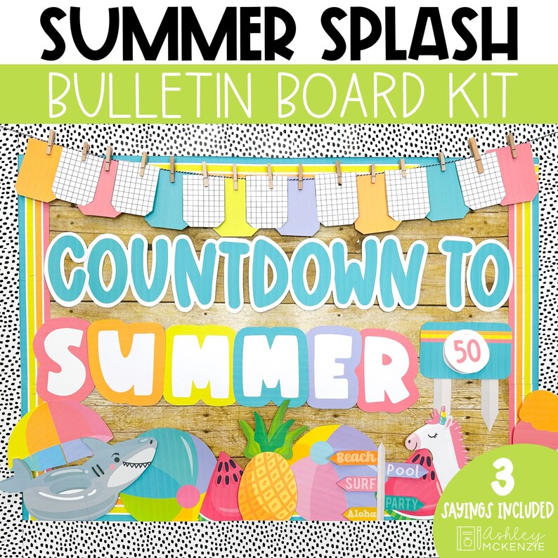 A classroom bulletin board decorated for the end of the school year with a bright, summer pool party themed display