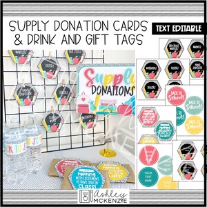 May include: A set of printable classroom supply donation cards and gift tags. The cards feature a black and white polka dot pattern with red apples and the text "Supply Donations". The gift tags feature a variety of designs, including polka dots, stripes, and solid colors. The text on the gift tags is editable.