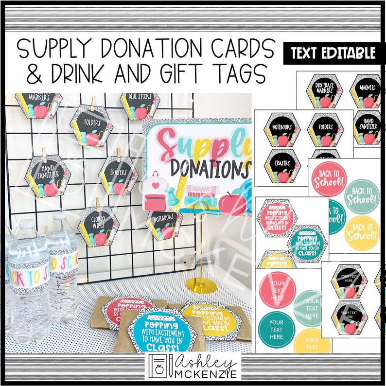 May include: A set of printable classroom supply donation cards and gift tags. The cards feature a black and white polka dot pattern with red apples and the text "Supply Donations". The gift tags feature a variety of designs, including polka dots, stripes, and solid colors. The text on the gift tags is editable.