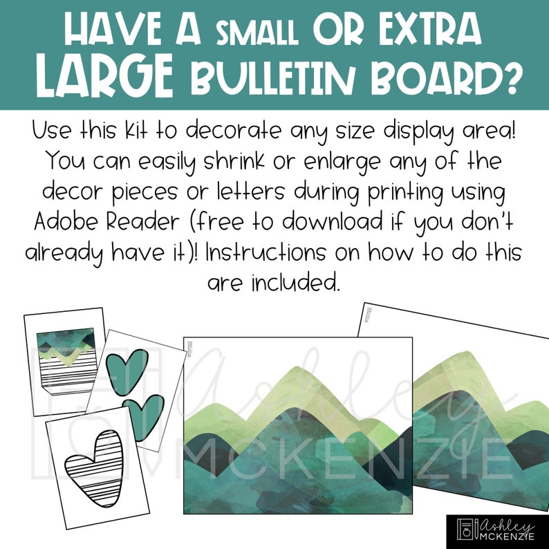 Puede incluir: Un kit digital imprimible para decorar un tablero de anuncios. El kit incluye un dise&ntilde;o de monta&ntilde;a acuarela verde, azul y amarillo, un coraz&oacute;n rayado en blanco y negro y el texto "HAVE A SMALL OR EXTRA LARGE BULLETIN BOARD?"
