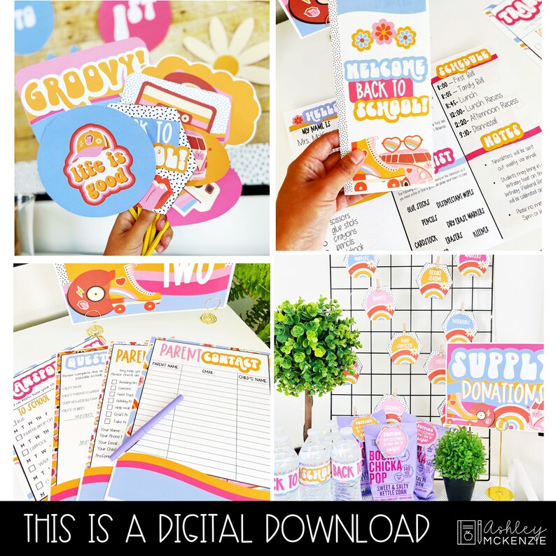 May include: A collection of colorful, retro-themed back-to-school printables. The image includes photo booth props with phrases like "Groovy" and "Life is Good," along with signs, schedules, and parent contact forms. The text "Welcome Back to School" is visible.