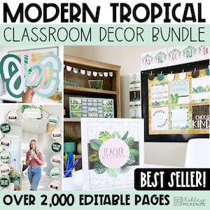 Modern Tropical Classroom Decor Bundle Calm Classroom Colors Back to School Bulletin Board Ideas Tropical Classroom Theme