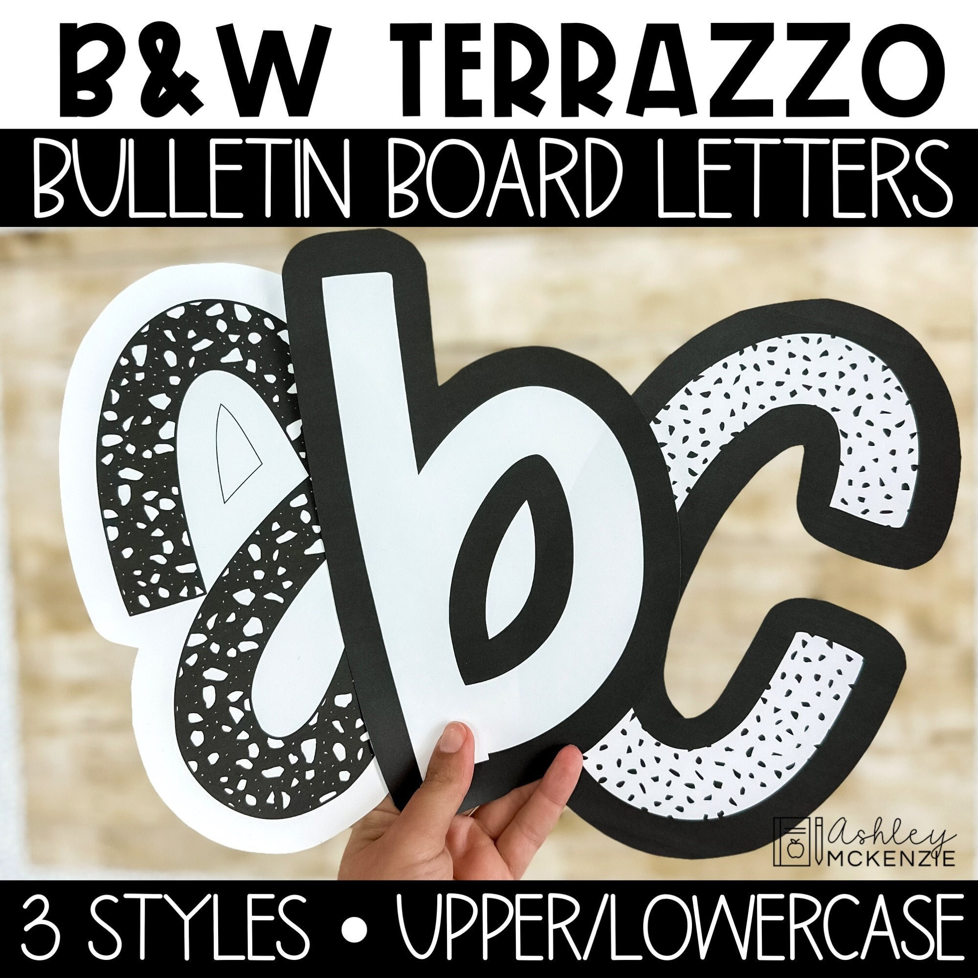 Schwarzweiß-Klassenzimmerdekor Terrazzo-Stil A-Z Bulletin Board Buchstaben Satzzahlen Benutzerdefinierte Back to School Klassenzimmerdekorationen
