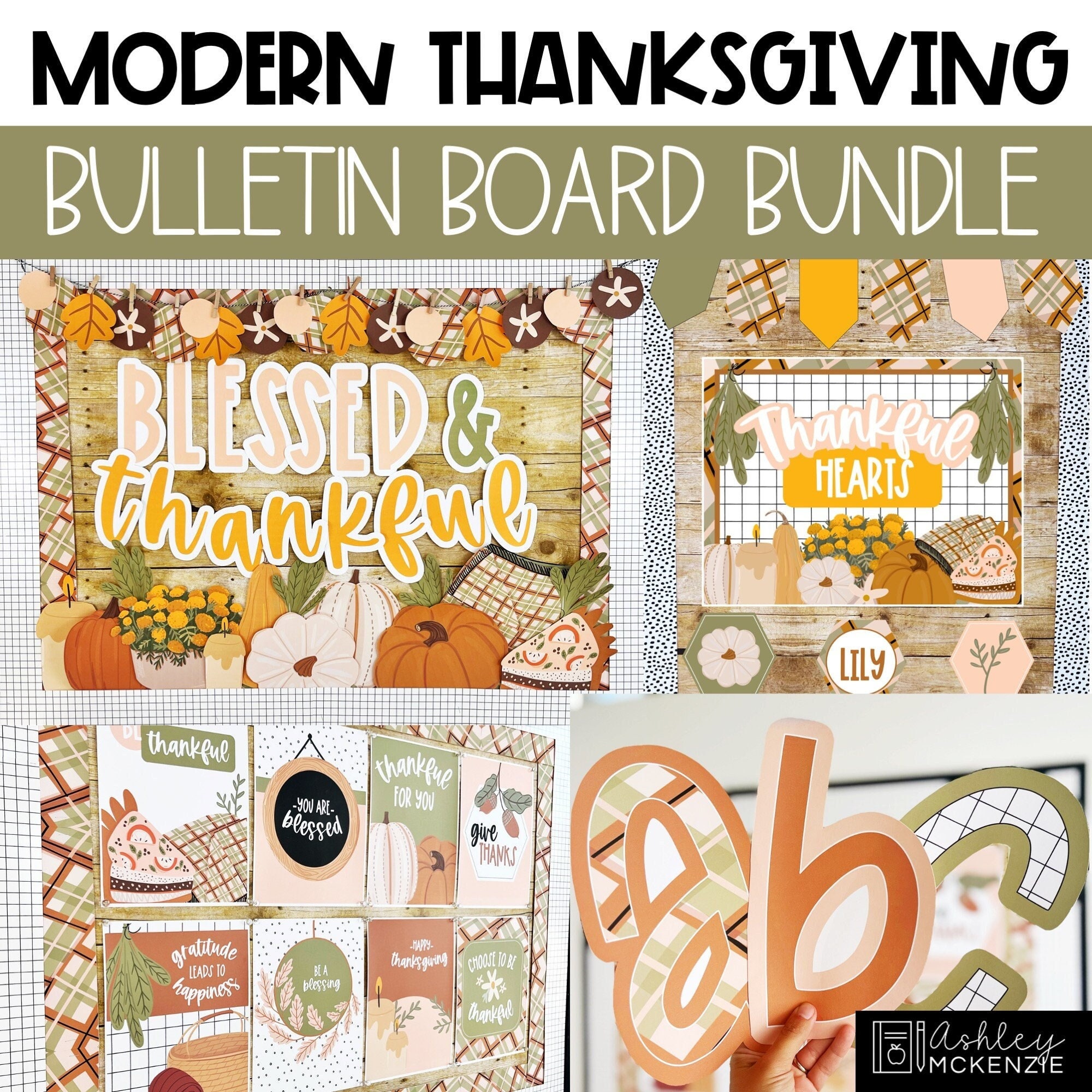 Elementary classroom Thanksgiving decorations with student-made crafts