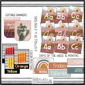 May include: A set of printable classroom posters in a boho style with a desert theme. The posters feature a variety of colors, including pink, brown, orange, yellow, and blue. The posters include the alphabet, days of the week, and months of the year. The posters are editable and can be customized to fit your classroom needs.