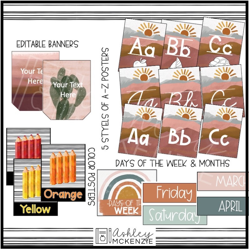 May include: A set of printable classroom posters in a boho style with a desert theme. The posters feature a variety of colors, including pink, brown, orange, yellow, and blue. The posters include the alphabet, days of the week, and months of the year. The posters are editable and can be customized to fit your classroom needs.
