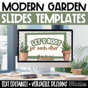 Op de afbeelding: Een computerscherm dat een groene en bruine digitale diavoorstellingssjabloon weergeeft met de tekst "LET'S ROOT for each other". De sjabloon bevat een aquarelillustratie van potplanten en een houten plantenbak. De tekst "MODERN GARDEN SLIDES TEMPLATES" wordt boven het scherm weergegeven.