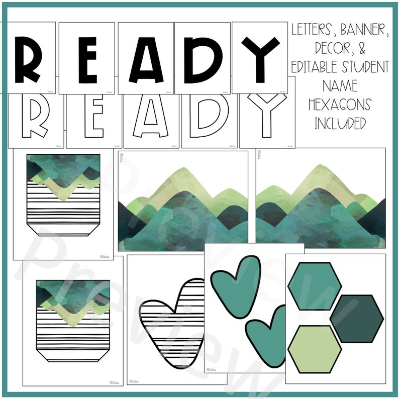 Puede incluir: Un banner de aula imprimible con la palabra "READY" en letras negras sobre un fondo blanco. El banner incluye hex&aacute;gonos de nombre de estudiante editables y un dise&ntilde;o de paisaje de monta&ntilde;a.