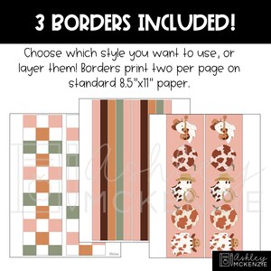 May include: Three printable border designs for 8.5" x 11" paper. The first border is a checkered pattern in pink, brown, and green. The second border is a striped pattern in brown, pink, and green. The third border features a repeating pattern of cow print pumpkins, cowboy hats, and ghosts.