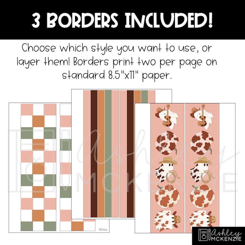 May include: Three printable border designs for 8.5" x 11" paper. The first border is a checkered pattern in pink, brown, and green. The second border is a striped pattern in brown, pink, and green. The third border features a repeating pattern of cow print pumpkins, cowboy hats, and ghosts.