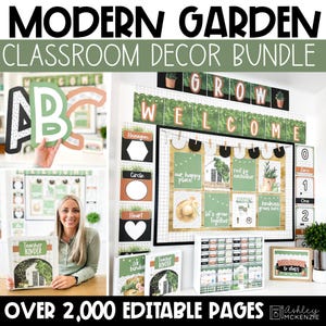 Modern Garden Classroom Decor Bundle Nature Bulletin Board Ideas Editable Calm Colors Classroom Decor Greenery Classroom Theme