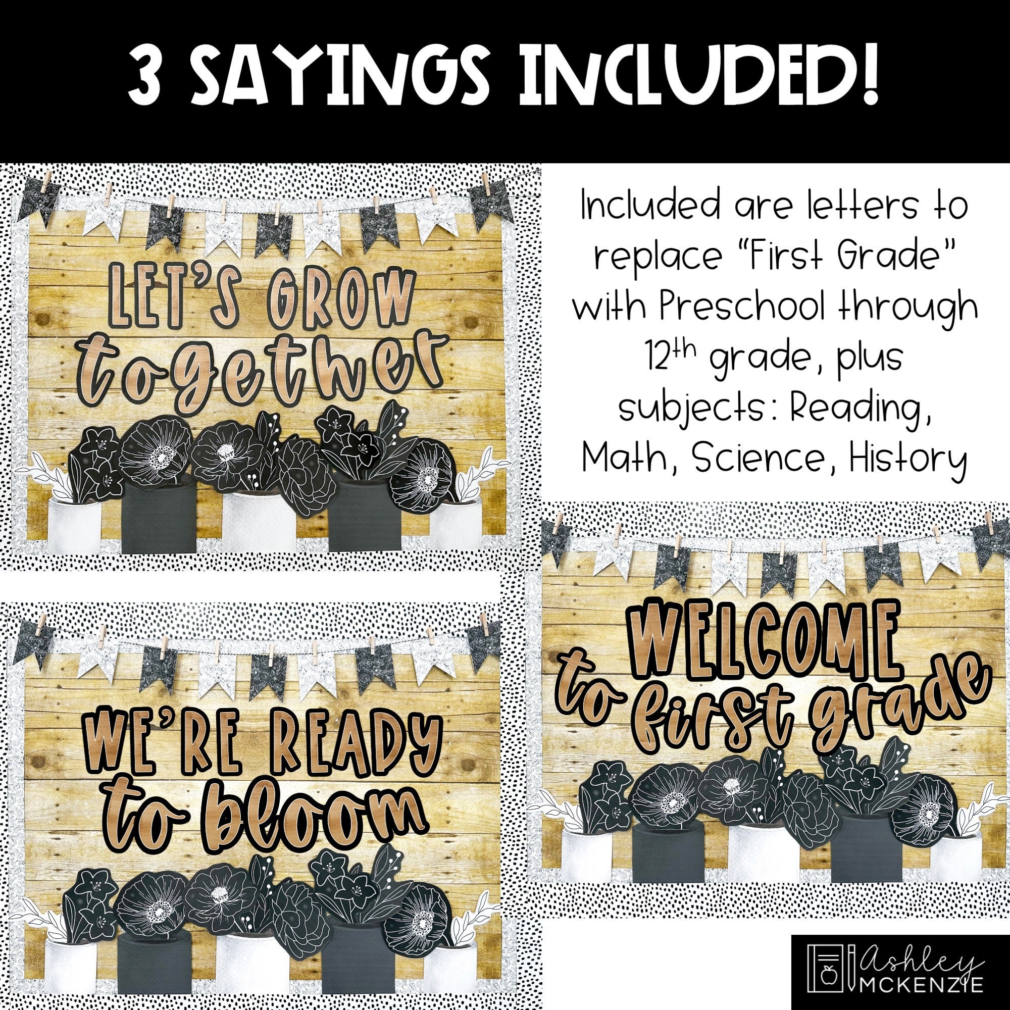 Floral Black and White Bulletin Board Kit Neutral Wildflowers Theme ...