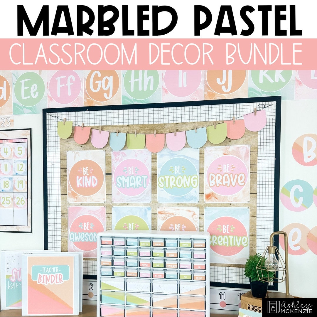 Marbled Pastel Themed Classroom Decor Bundle, Editable Classroom Decor ...