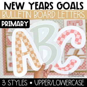 May include: Three large, colorful letters, A, B, and C, with a gingham pattern. The letters are cut out and ready to be used for a bulletin board display. The letters are in a primary font style and are uppercase.
