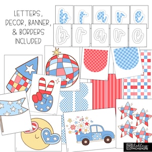 Op de afbeelding: Een verzameling printbare patriottische decoraties. Bevat het woord 'brave' in verschillende stijlen, samen met banners, randen, sterren, een vredesteken, een vrachtwagen en een wereldbol. Het kleurenpalet is rood, wit en blauw.