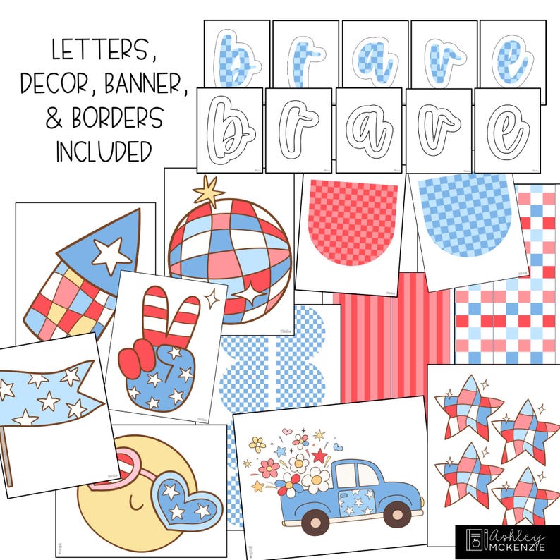 Op de afbeelding: Een verzameling printbare patriottische decoraties. Bevat het woord 'brave' in verschillende stijlen, samen met banners, randen, sterren, een vredesteken, een vrachtwagen en een wereldbol. Het kleurenpalet is rood, wit en blauw.