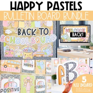 May include: A vibrant bulletin board bundle featuring the text "HAPPY PASTELS BULLETIN BOARD BUNDLE" and "BACK TO SCHOOL SQUAD". The image showcases school-themed illustrations, such as a school bus, apple, and globe. The bundle includes 5 kits.