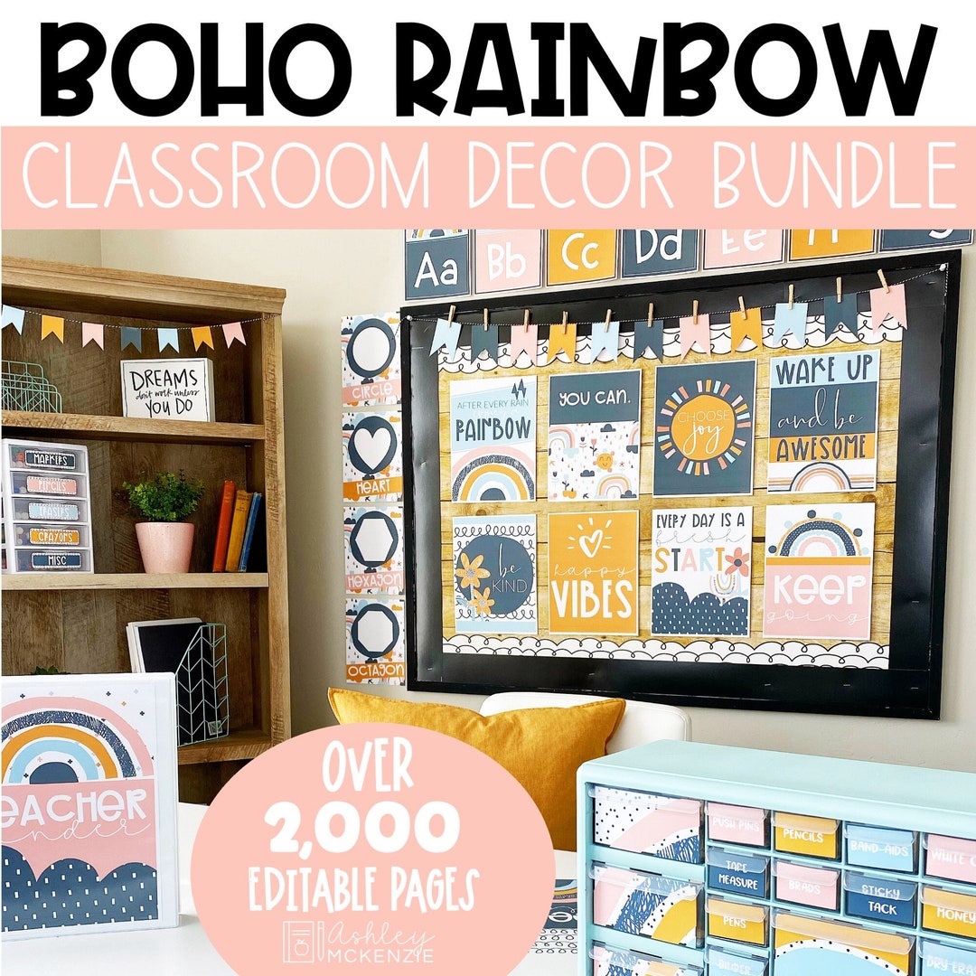 Boho Rainbow Classroom Decor Bundle, Easy and Modern Classroom