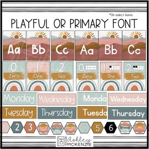 May include: A set of printable classroom decor featuring a playful or primary font. The decor includes letters, numbers, days of the week, and other classroom essentials. The design features a boho aesthetic with a sunset and mountain landscape.