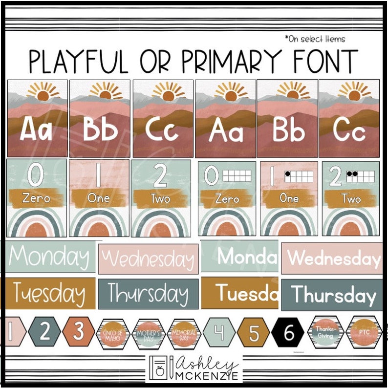 May include: A set of printable classroom decor featuring a playful or primary font. The decor includes letters, numbers, days of the week, and other classroom essentials. The design features a boho aesthetic with a sunset and mountain landscape.