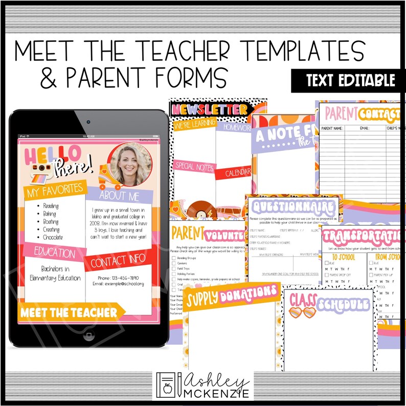 May include: A digital download featuring teacher templates and parent forms. The design includes a tablet displaying a "Meet the Teacher" page with a photo and personal details. Other forms include a newsletter, calendar, and parent contact sheets. Text is editable.
