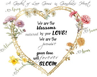LOVE Will Forever Bloom in Grandma's Garden | PERSONALIZED Grandchildren Names In Heart with Birth Month Flowers | Poem Print Christmas Gift