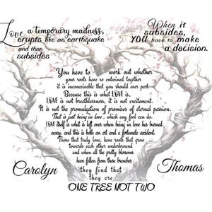 May include: A white print featuring a heart-shaped tree with intertwined branches and the text "Love a temporary madness..." and "One Tree Not Two." The names "Carolyn" and "Thomas" are at the bottom. The design includes floral accents.